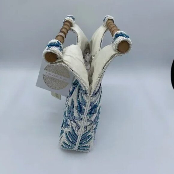 Blue and White Floral Beaded Bamboo Handle Bag Viral Tik Tok Made in India NWT - Picture 3 of 8